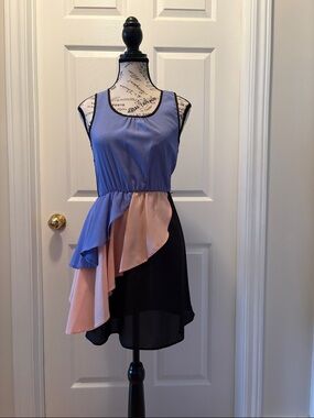 Asymmetrical Colorblock Ruffle Dress in Blue, Peach & Black